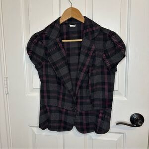 Y2K Toy Box Black Pink Plaid Short Sleeve Blazer Vest Sz M Dark Academia Grunge
